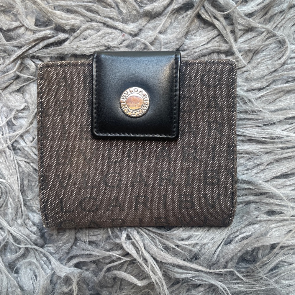 Bvlgari Logo Mania Compact Flap Wallet in Denim Canvas with Black Leather